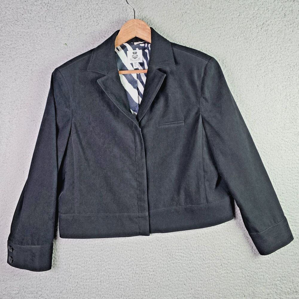 Renfrew Cropped Black Suede Blazer Zebra Print Lining Hidden Zip Statement Large